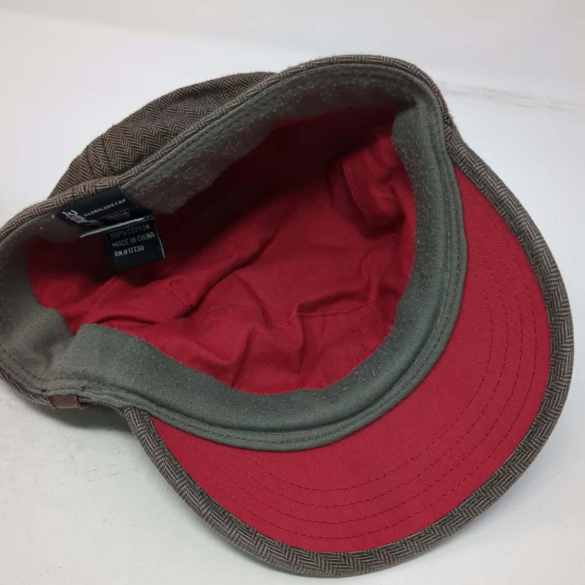 Globalone Brown Army Cap L XL Knit Front Herringbone Pattern Stretch Fit Hat