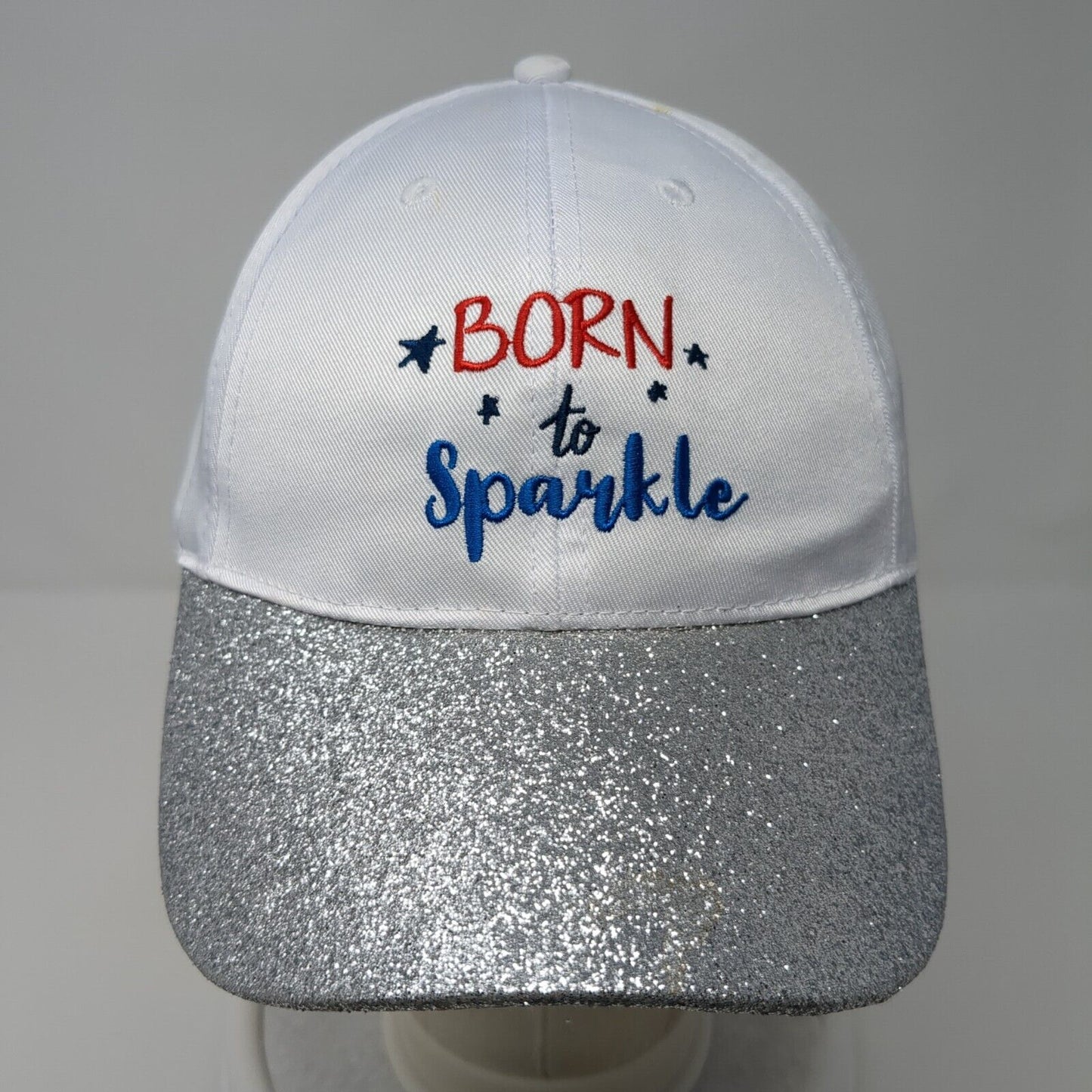 Born To Sparkle Strapback Hat White One Size Adjustable Glitter Embroidered