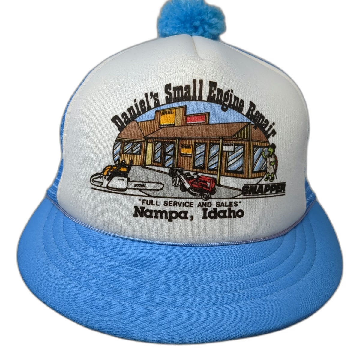 Ad Wear Trucker Hat Blue OS Pom-Pom Daniels Small Engine Repair Nampa ID Vintage