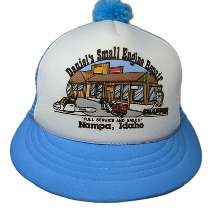 Ad Wear Trucker Hat Blue OS Pom-Pom Daniels Small Engine Repair Nampa ID Vintage