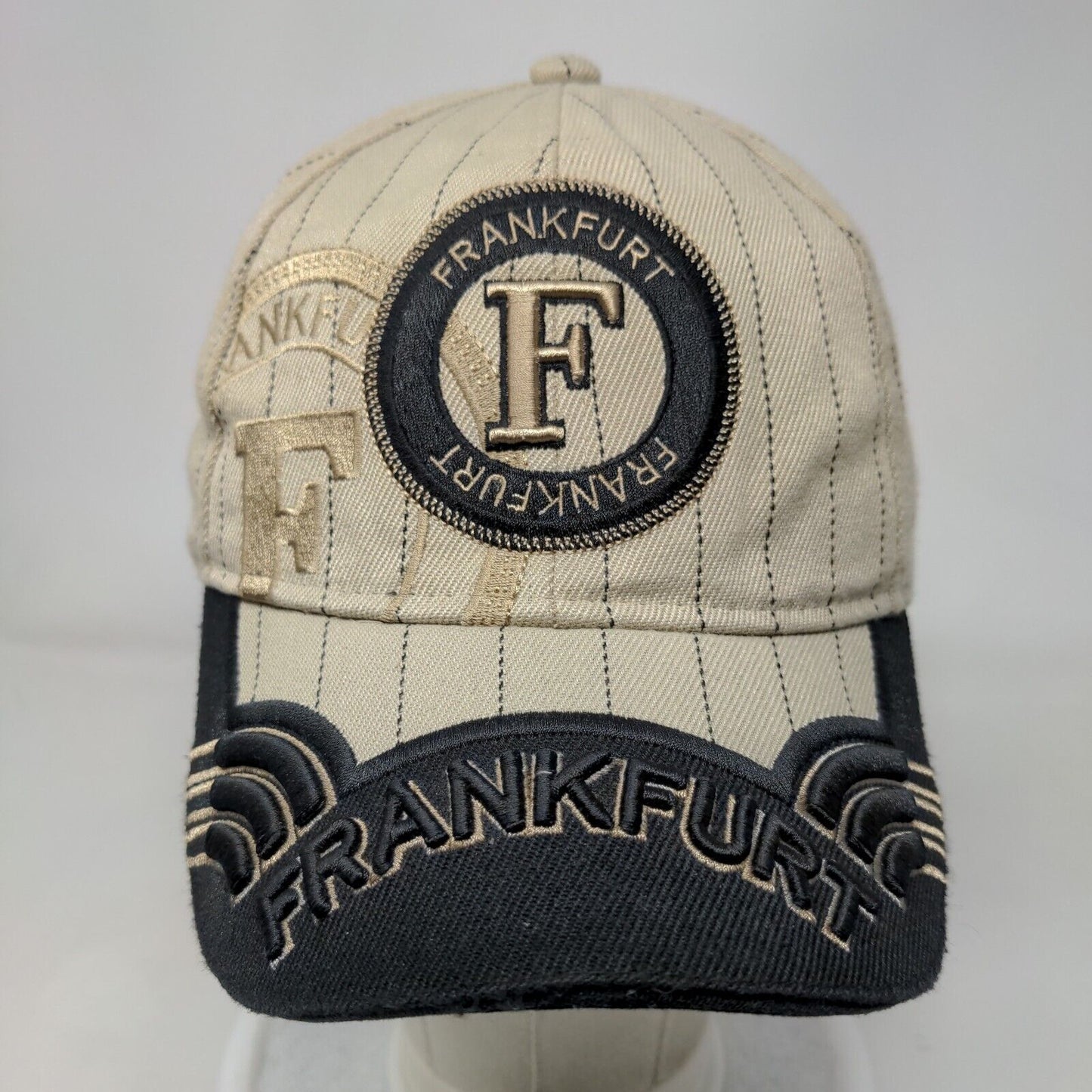 Frankfurt Strapback Hat Tan 58cm Adjustable Embroidered Pinstripe