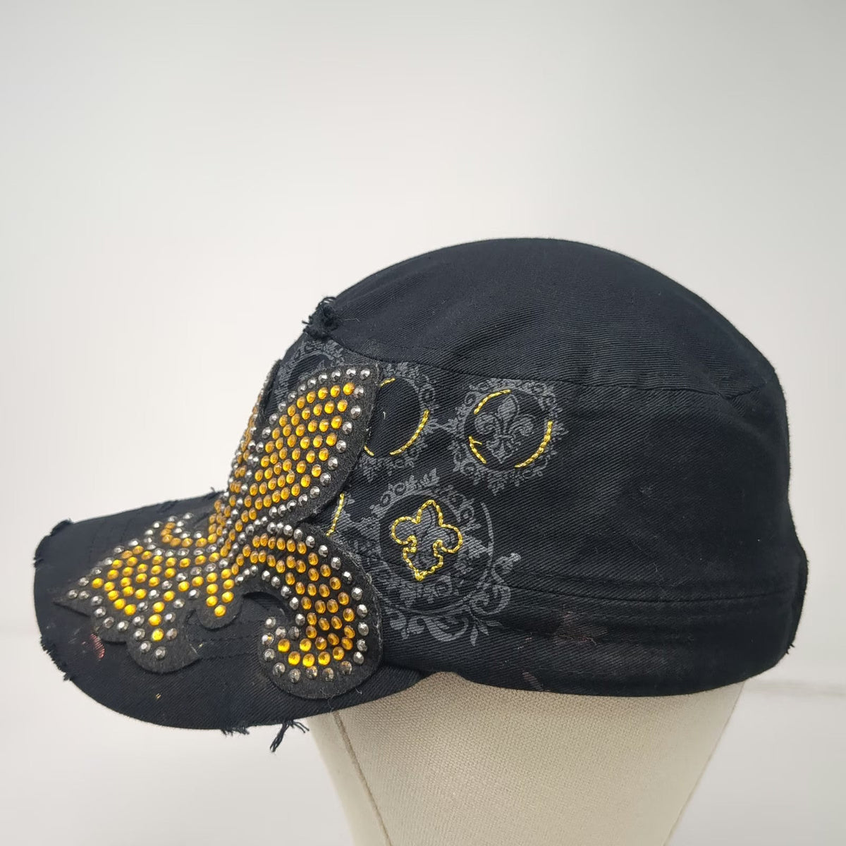 Leader LOGA Army Cap Black One Size Rhinestone Fleur De Lis Studded Cotton Hat