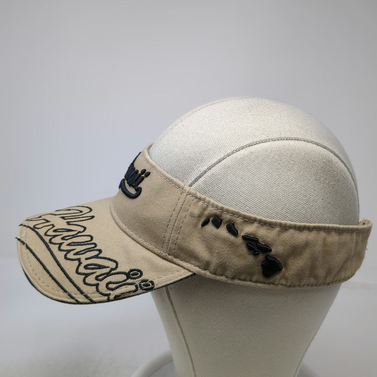 Dorfman Pacific Visor Beige One Size Hawaii Script Island Map Adjustable Hat