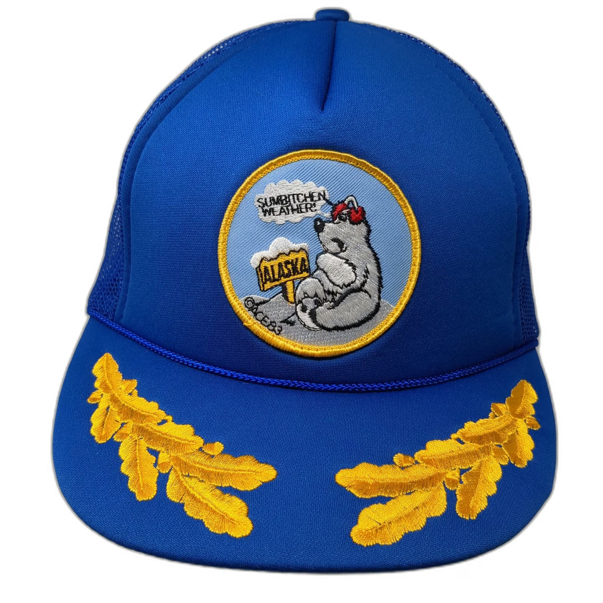 A.C.E. Alaska Trucker Hat Blue One Size Scrambled Eggs Polar Bear Patch Mesh