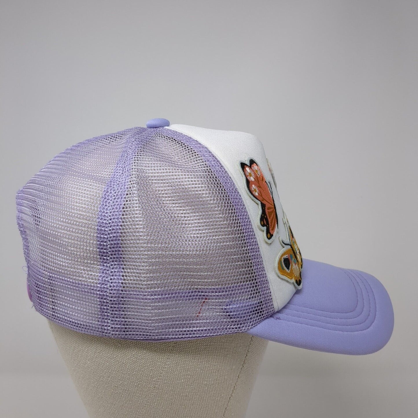 Butterfly Sunflower Patch Snapback Trucker Hat Purple One Size Mesh Back