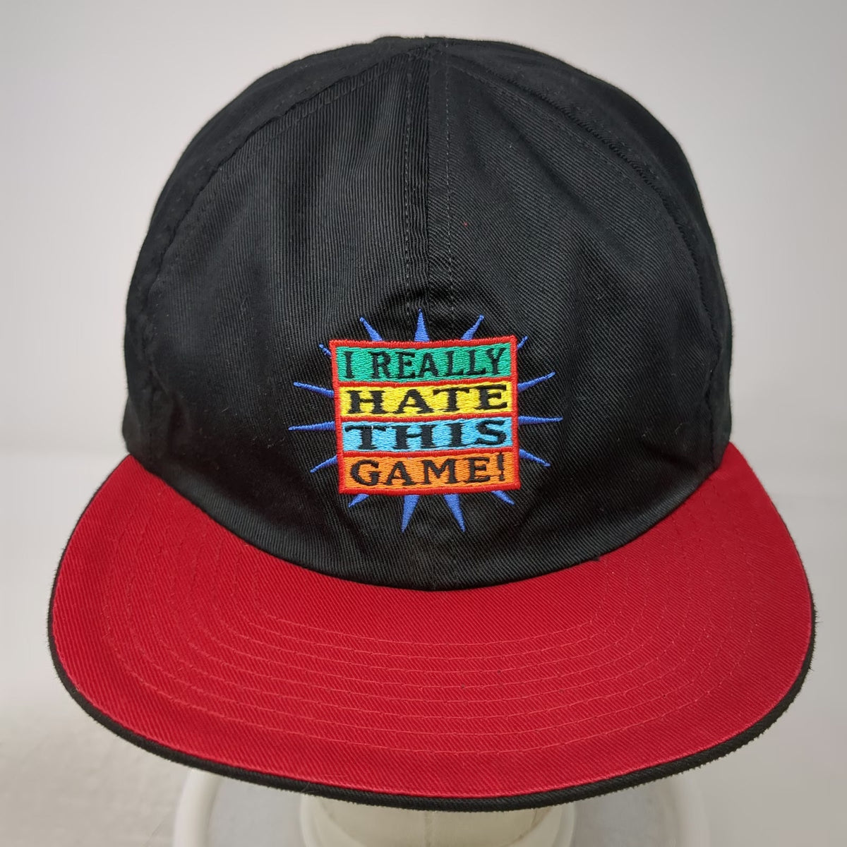 Shoebox Baseball Cap Red Black OS Reversible Love Hate This Game Novelty Hat