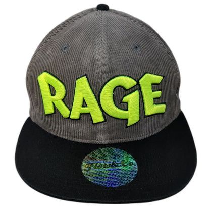 Flow & Co. Snapback Gray Black Green Hat OS Corduroy Rage 3D Puff Flat Brim