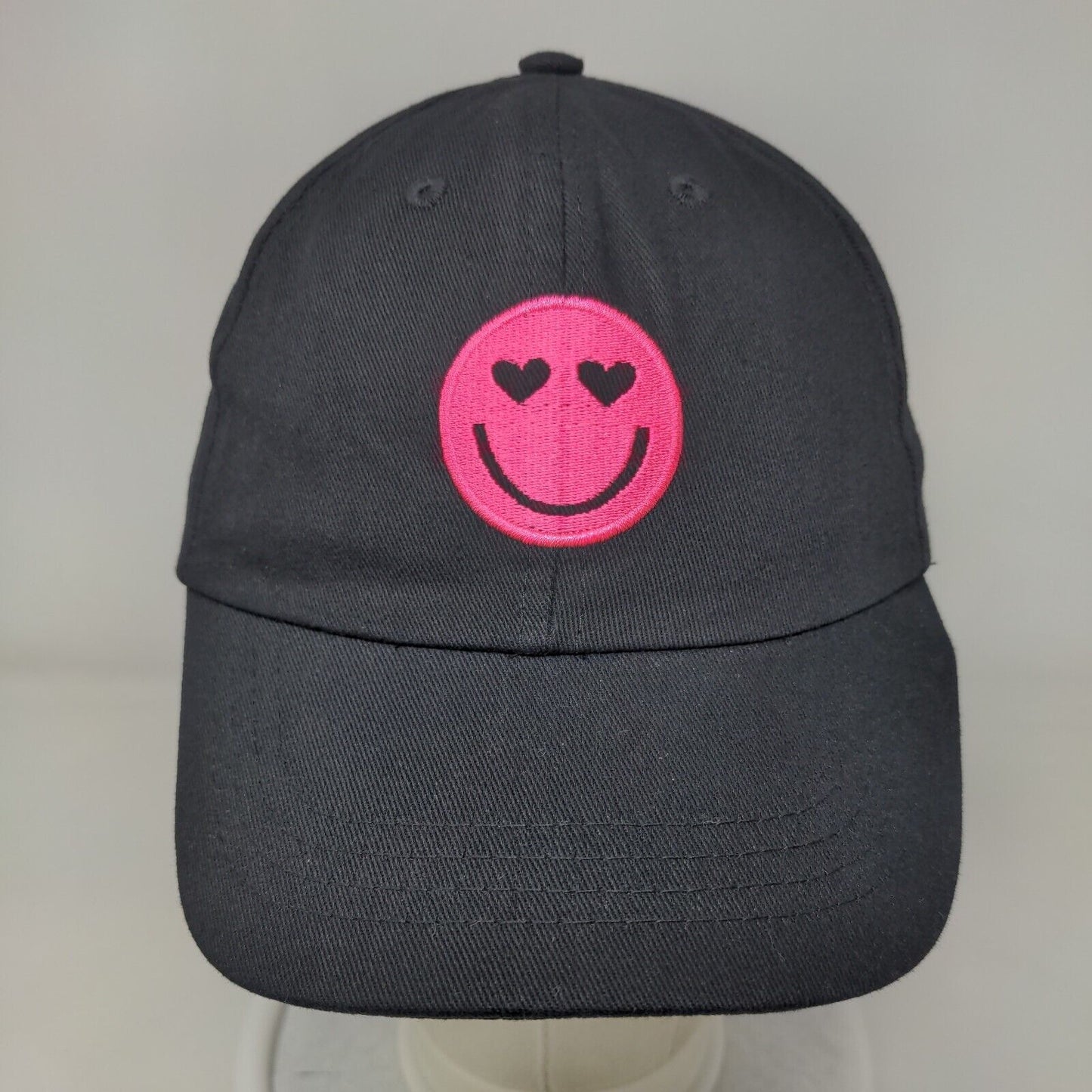 Smiley Strapback Hat Black One Size Adjustable Embroidered Emoji 6 Panel Cotton