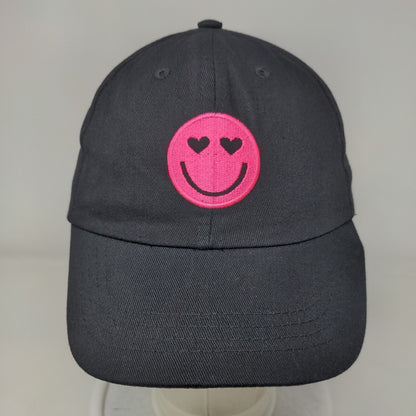 Smiley Strapback Hat Black One Size Adjustable Embroidered Emoji 6 Panel Cotton