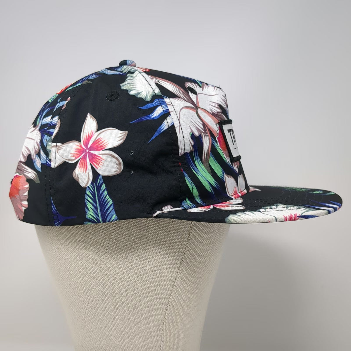 Truly 5 Panel Black Floral Tropical Print One Size Snapback Flat Brim Hat