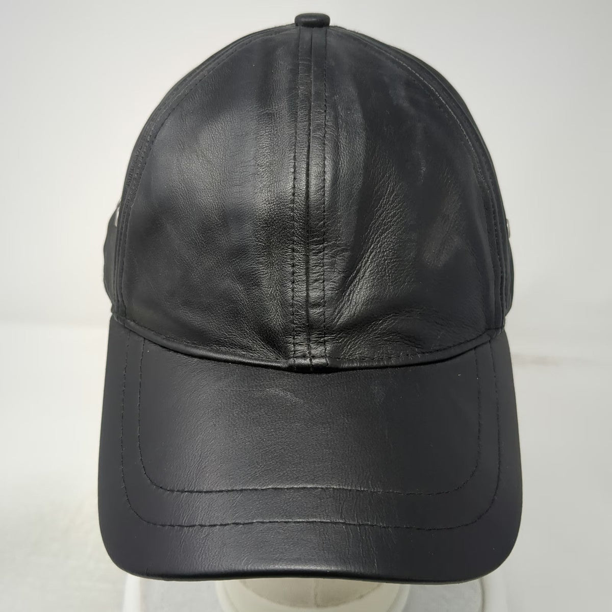 Black Leather Baseball Cap One Size Slideback Plain Solid Hat Metal Grommets