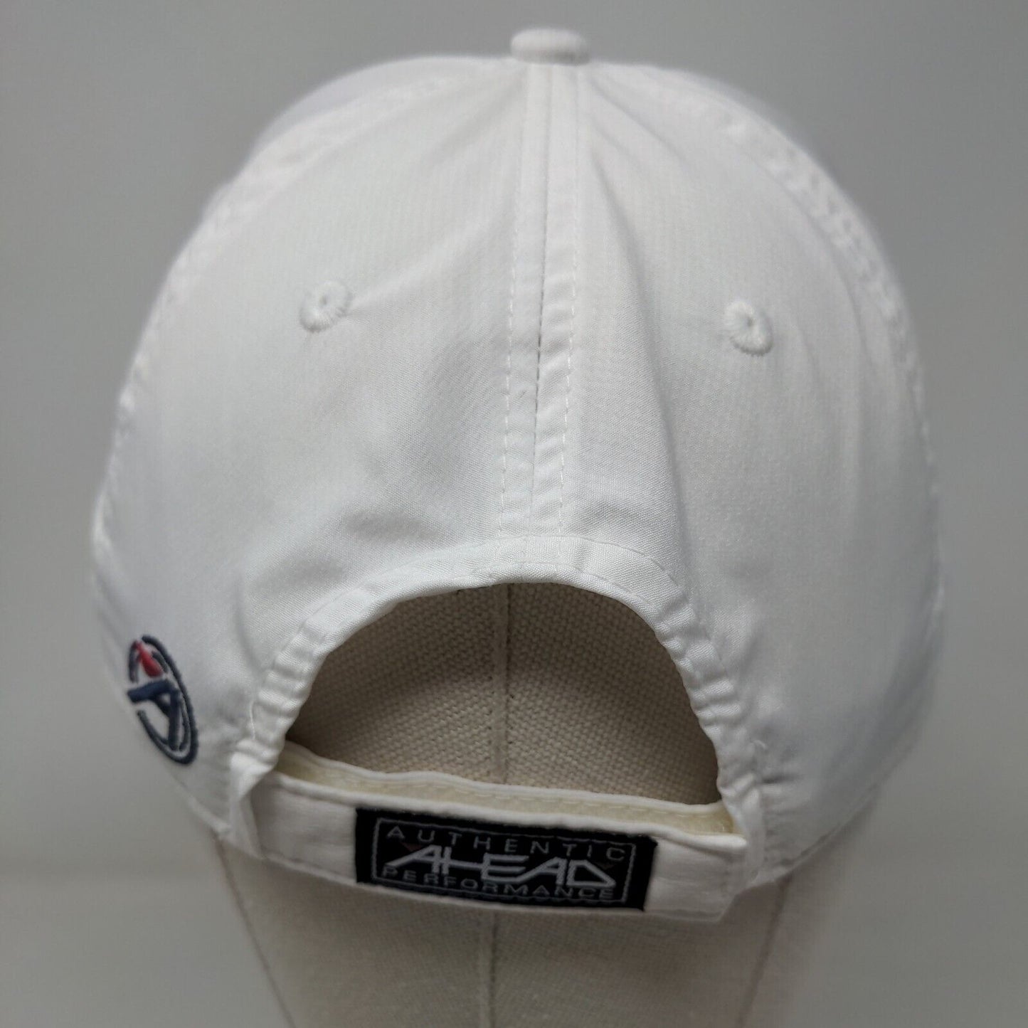 Ahead Strapback Hat White One Size Mid Fit Embroidered Logo Vented Holes