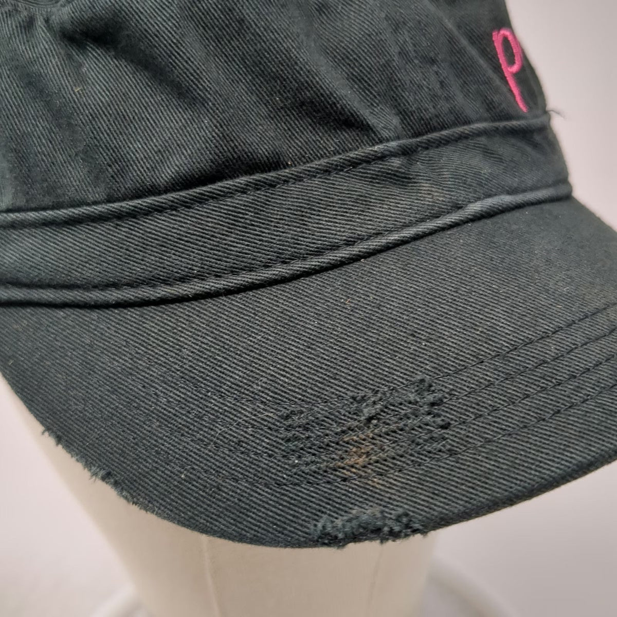 District Army Cap Black One Size Pink Posh Script Embroidery Frayed Edge Hat