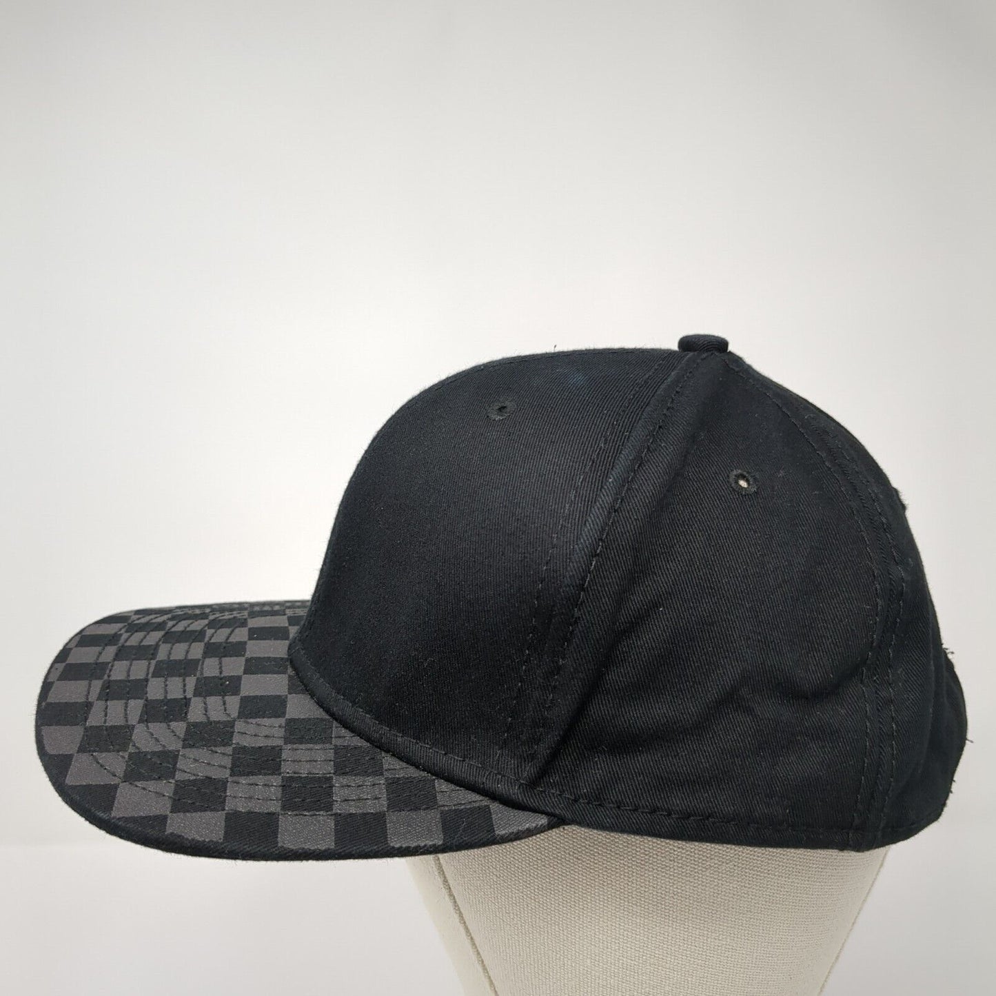 Unbranded Snapback Hat Black One Size Adjustable Vented Holes 6 Panel Check