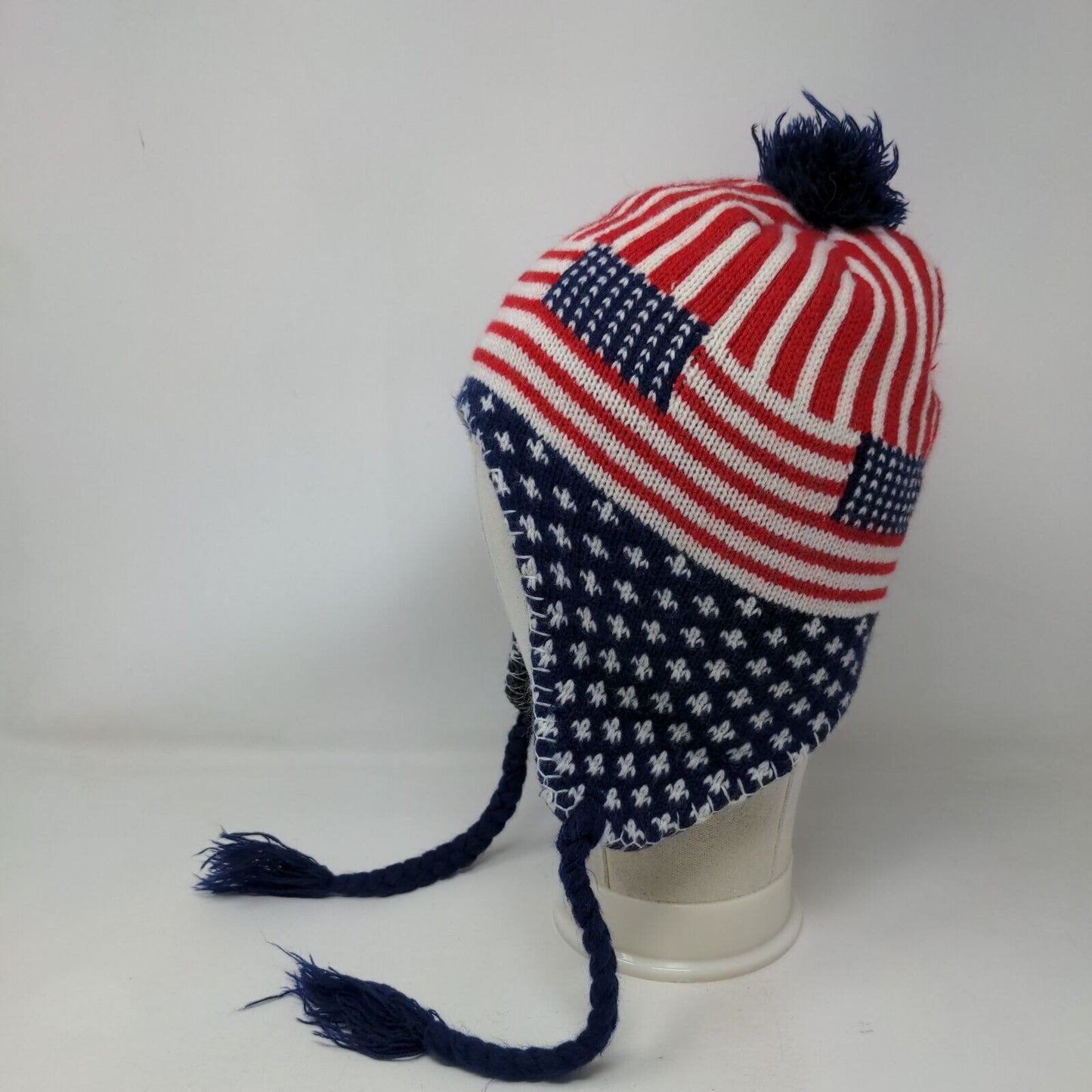 Armycrew USA Flag Beanie Hat Multicolor OS Ear Flap Pom Pom Patriotic Braided