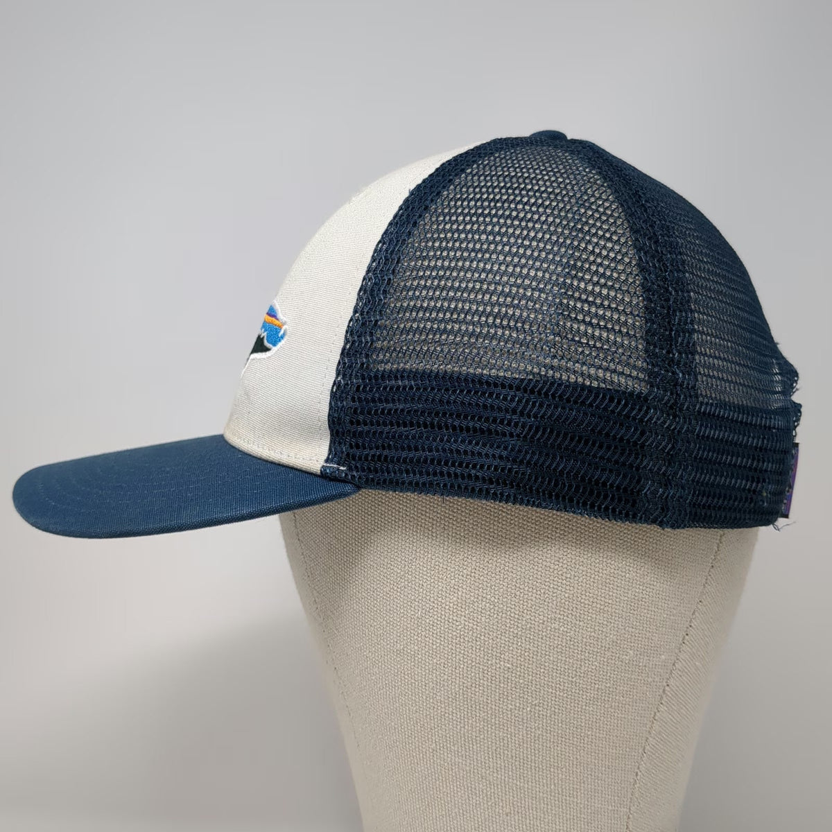 Patagonia Trucker Hat Blue One Size Mesh Back Snapback Fish Mountain Logo Hiking