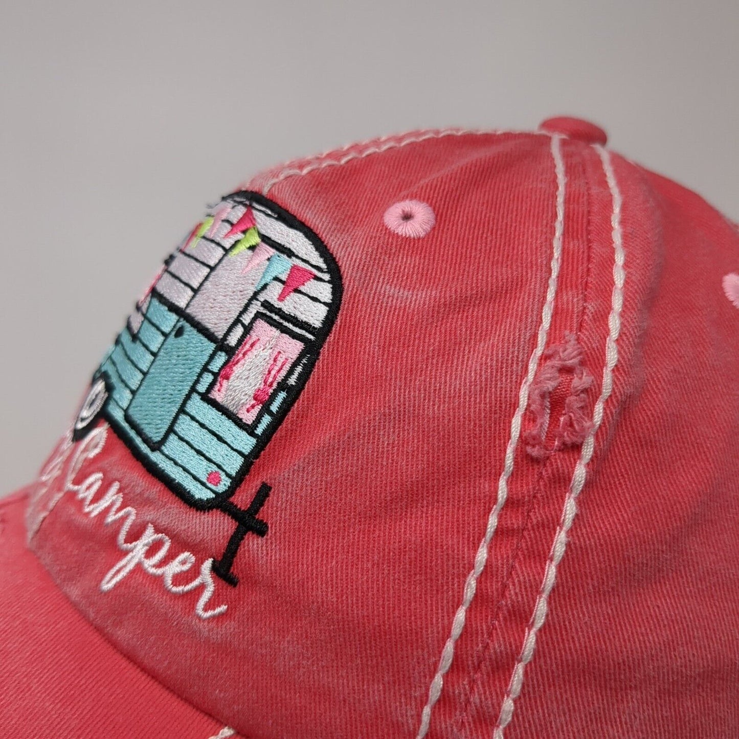 Happy Camper Slideback Hat Red OS Adjustable Embroidered Distressed KB ETHOS