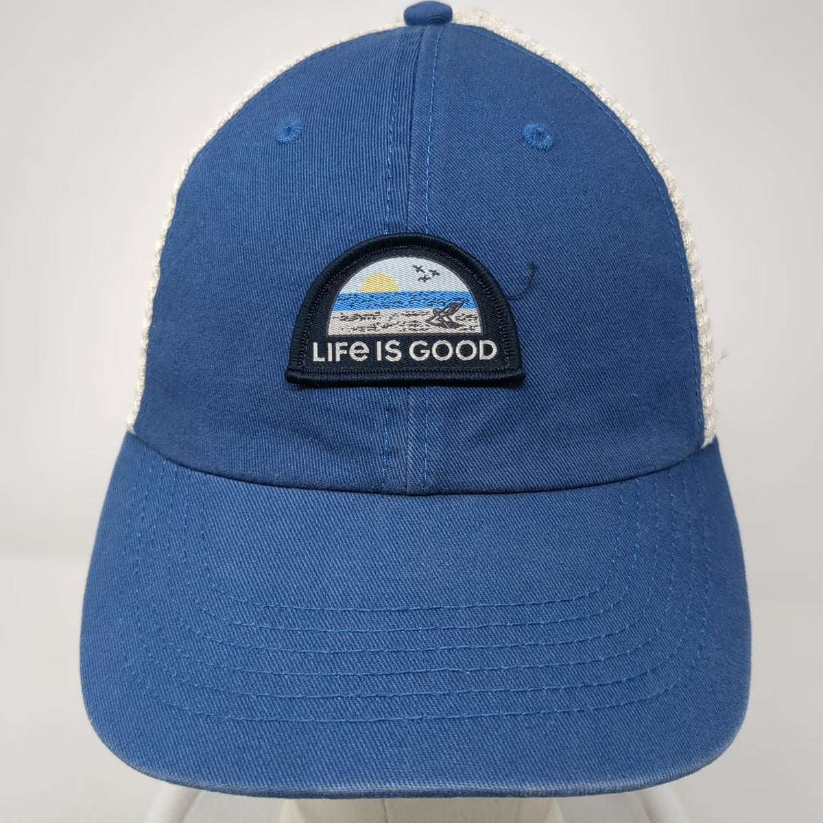 Life is Good Trucker Hat Blue One Size Beach Chair Sun Patch Snapback Mesh Cap
