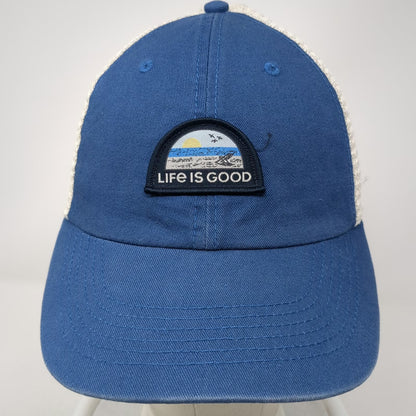 Life is Good Trucker Hat Blue One Size Beach Chair Sun Patch Snapback Mesh Cap