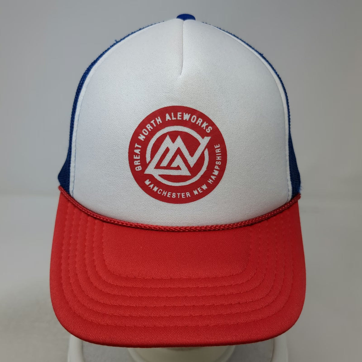 Otto Trucker Hat White Red Blue One Size Great North Aleworks Manchester NH Mesh