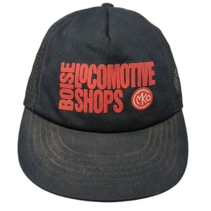 Crown Trucker Hat Black Boise Locomotive Shops MKO Mesh Snapback Cap Logo VTG