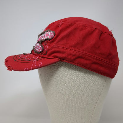 Army Cap Red One Size Dragonfly Rhinestone Distressed Floral Embroidery Hat