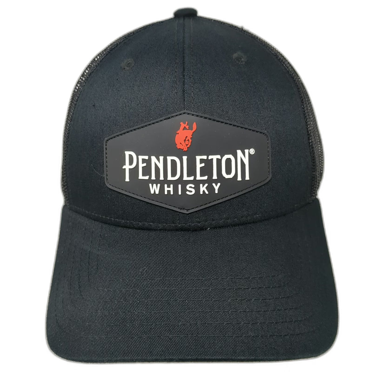 Pendleton Whisky Trucker Hat Black One Size Snapback Mesh Rubber Bronco Patch