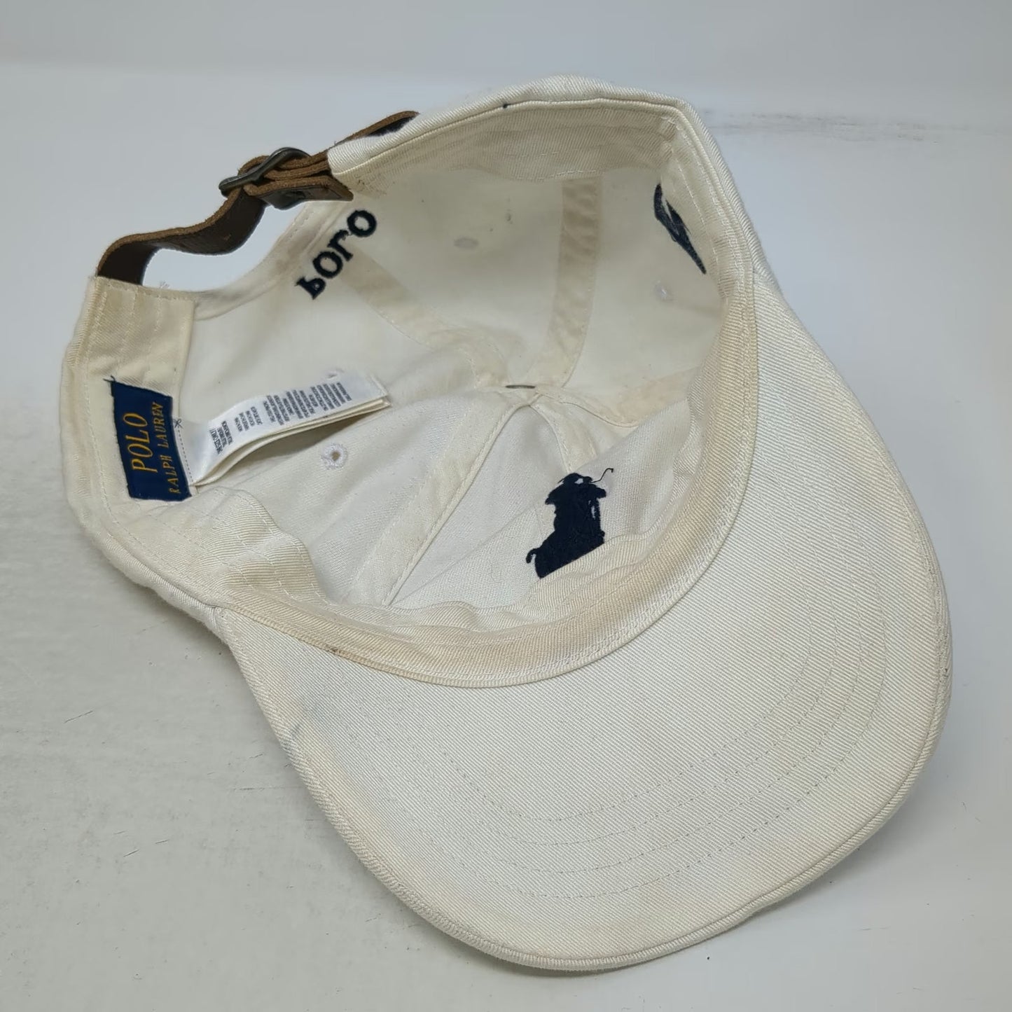 Polo Ralph Lauren Baseball Cap White Blue Brown One Size Big Pony Leather Hat