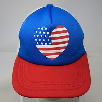 Heart USA Flag Trucker Hat Blue Red White One Size Patriotic Mesh Snapback Cap