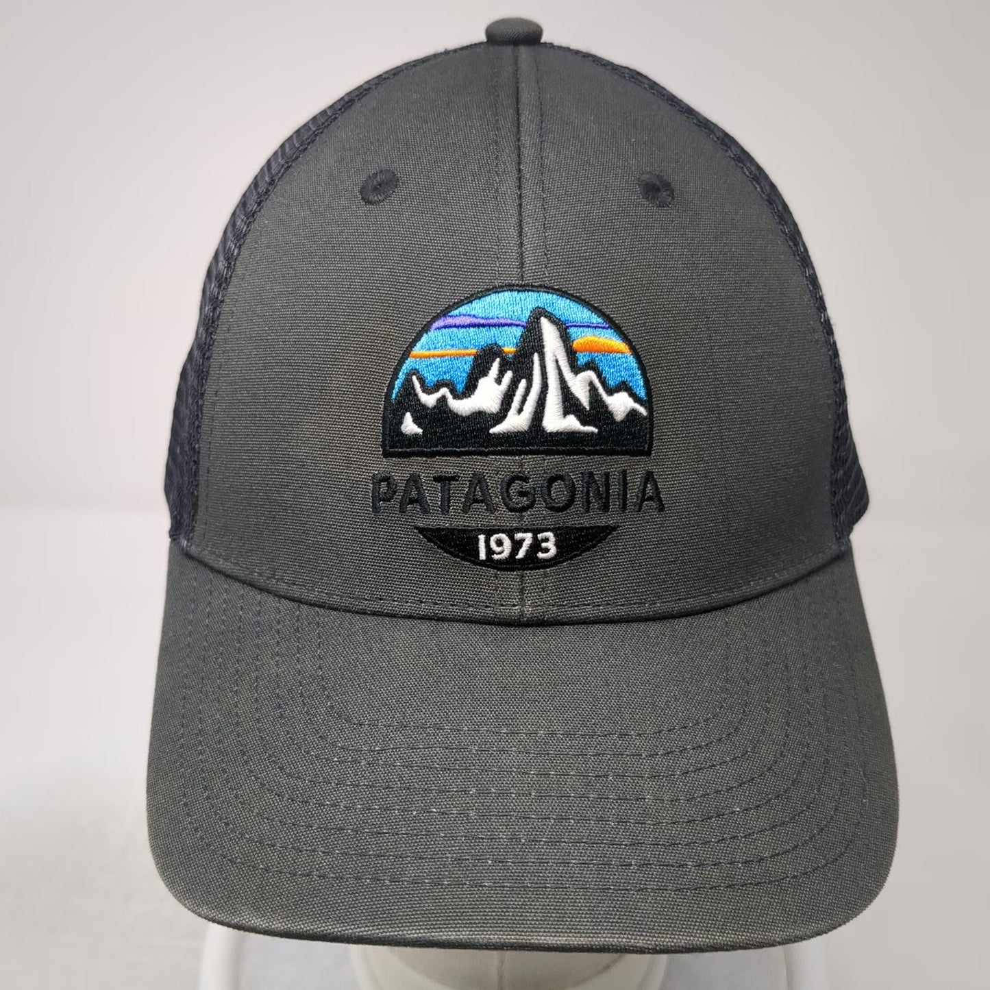 Patagonia Trucker Hat Gray One Size Mesh Snapback Mountain Logo 1973 Hiking Cap