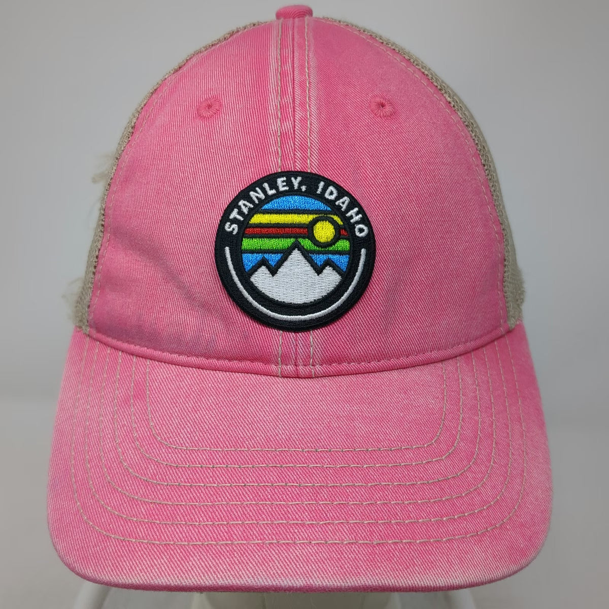 Fahrenheit Stanley Idaho Mountain Patch Pink Trucker Hat One Size Mesh Snapback