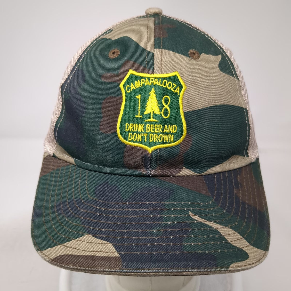 Green Camo Baseball Cap One Size Mesh Back Drink Beer And Don't Drown Patch Hat