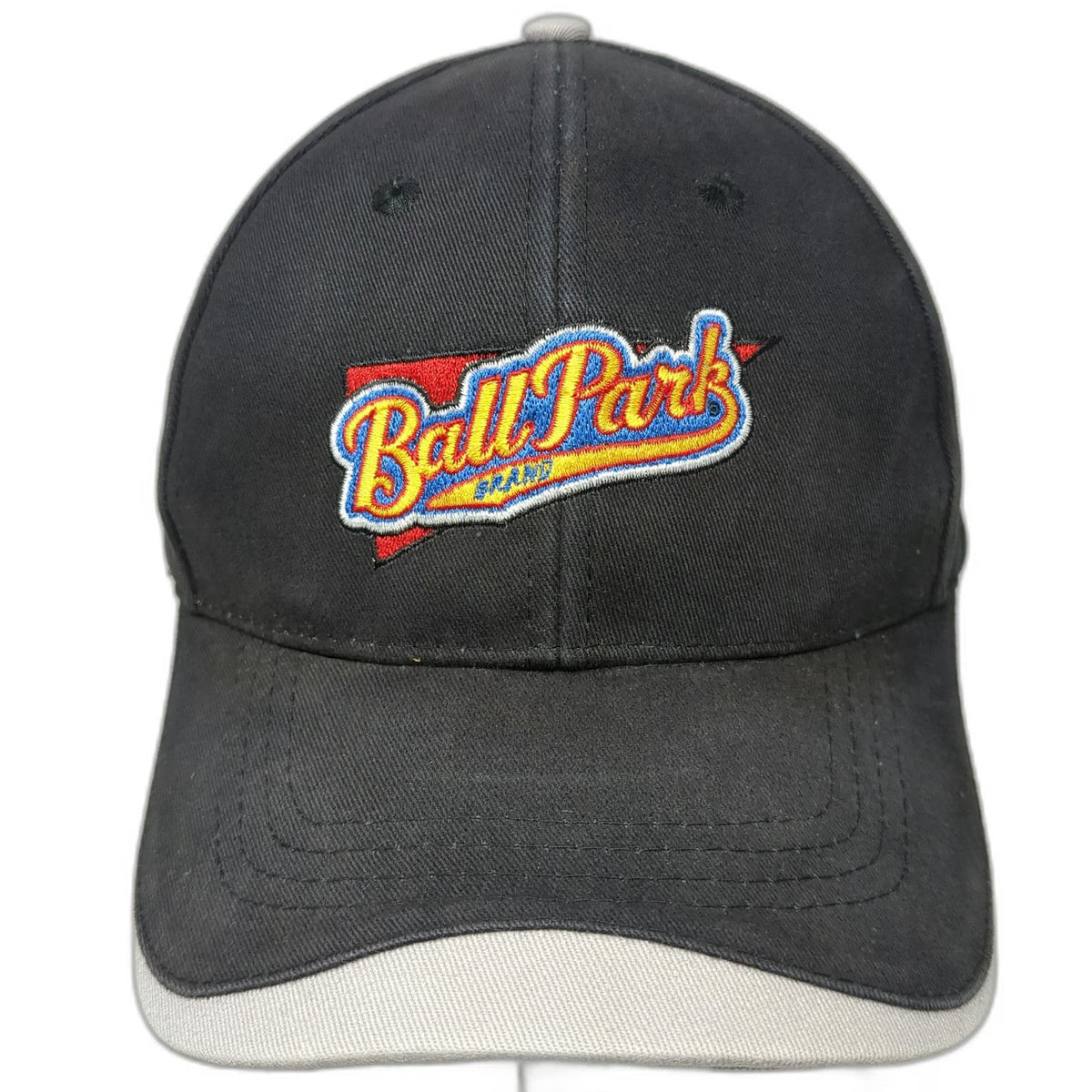 Ball Park Brand Hot Dog Logo Hat Black Baseball Cap One Size Strapback Gray Trim