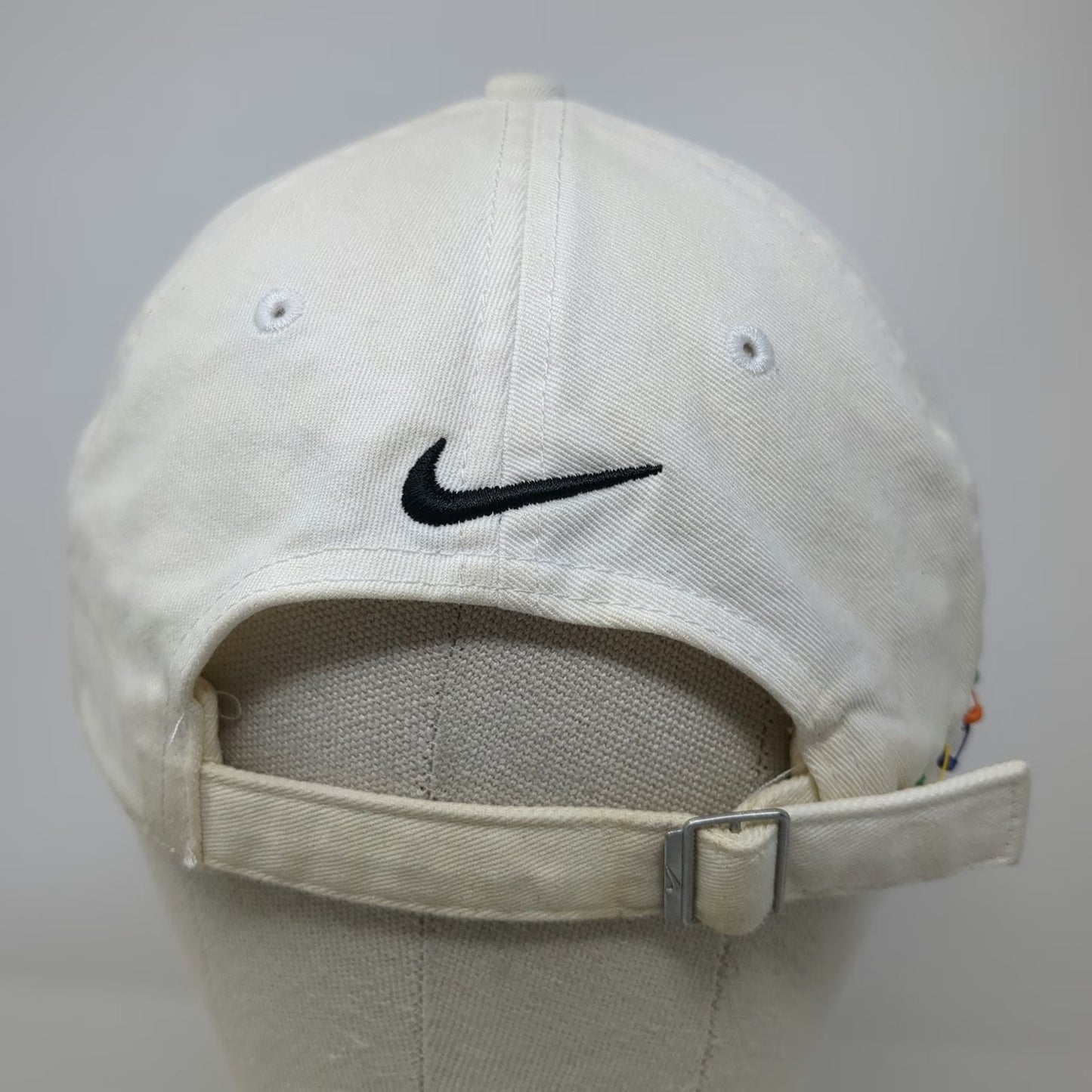 Nike Baseball Cap White OSFM Just Do It Swoosh Safety Pins Slideback Hat Cotton