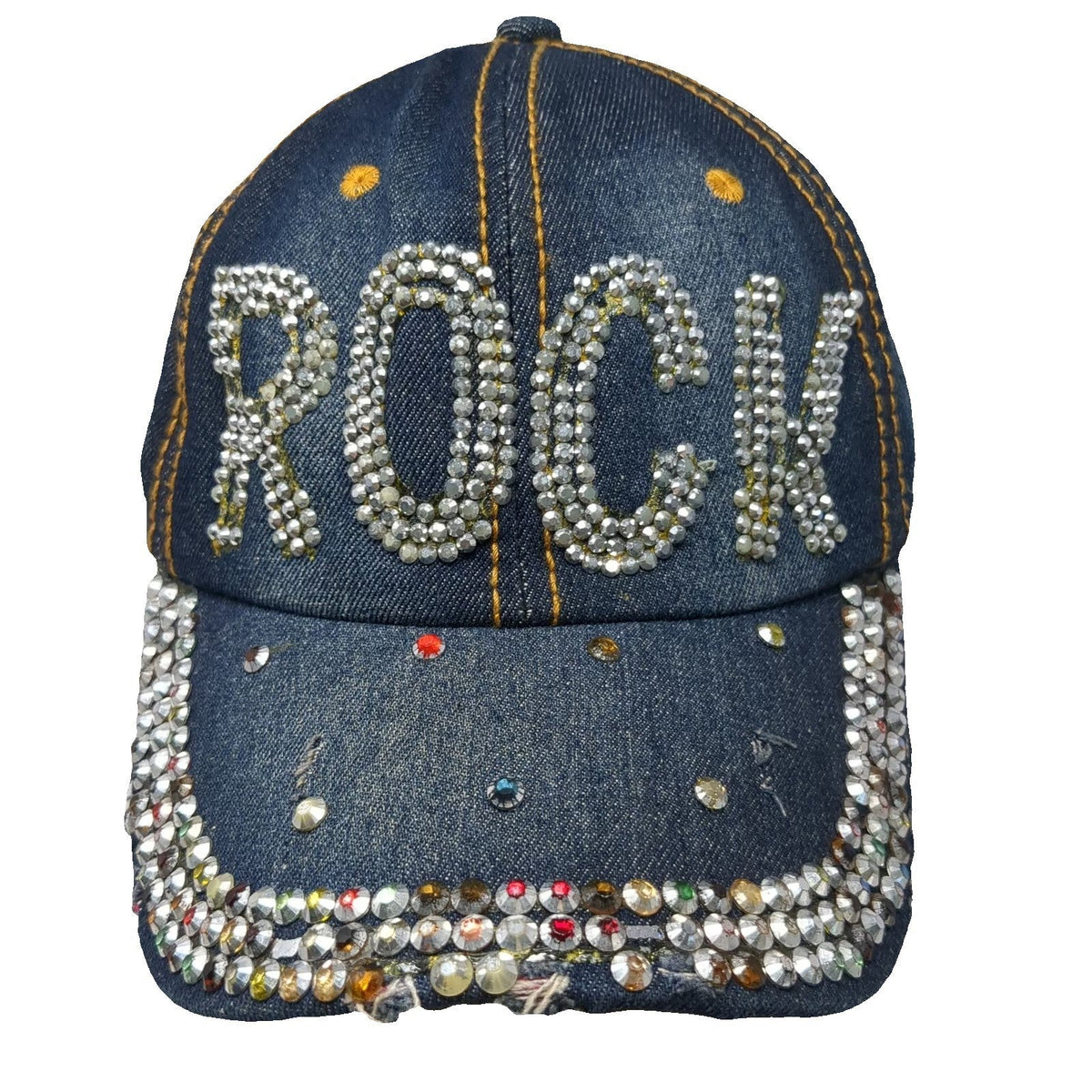 Rock Rhinestone Bling Distressed Blue Baseball Cap One Size Slideback Denim Hat