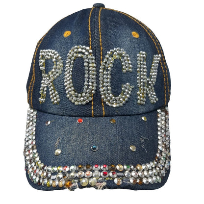 Rock Rhinestone Bling Distressed Blue Baseball Cap One Size Slideback Denim Hat