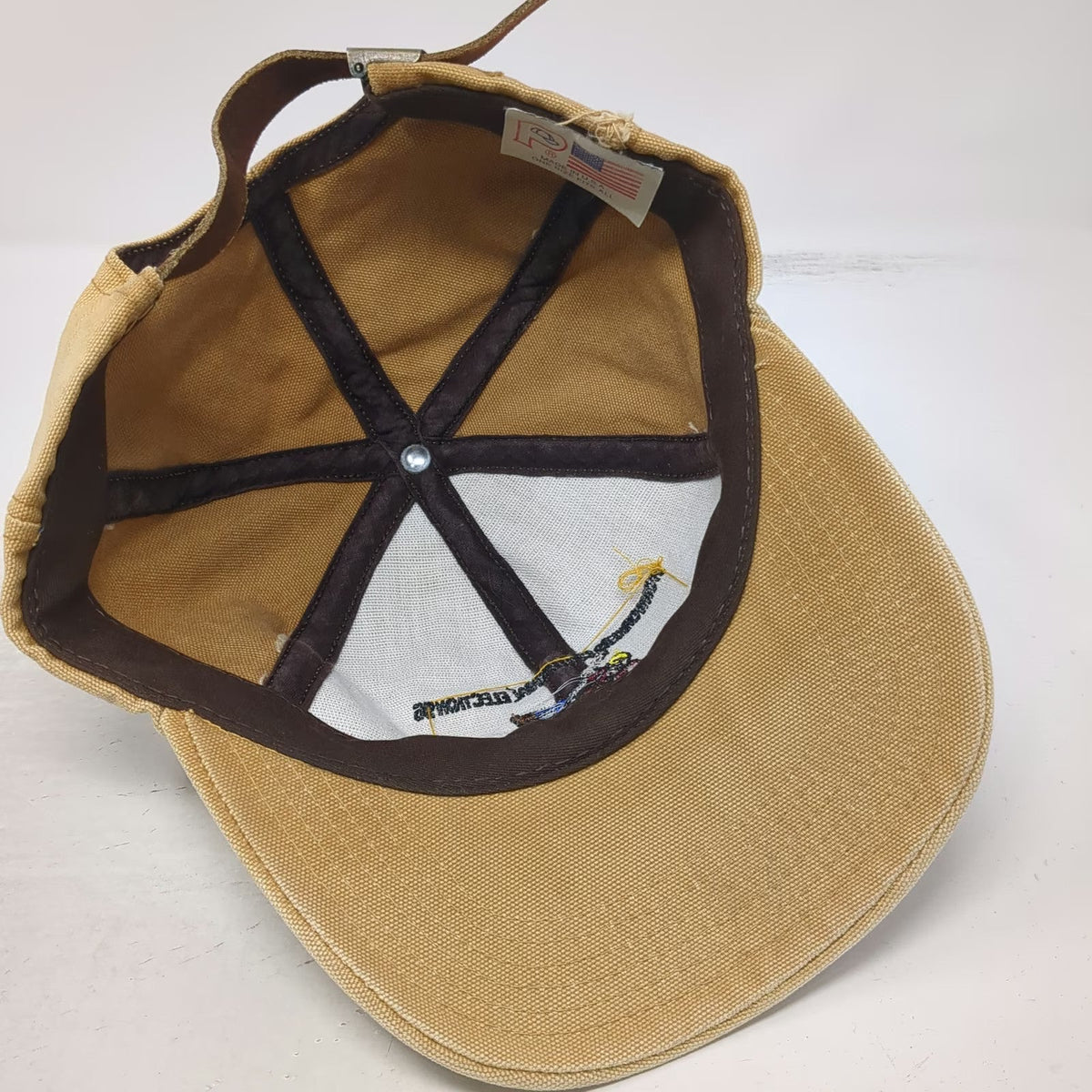 P-Tag Baseball Cap Hat Beige American Flag Patch USA Made Slideback Vintage