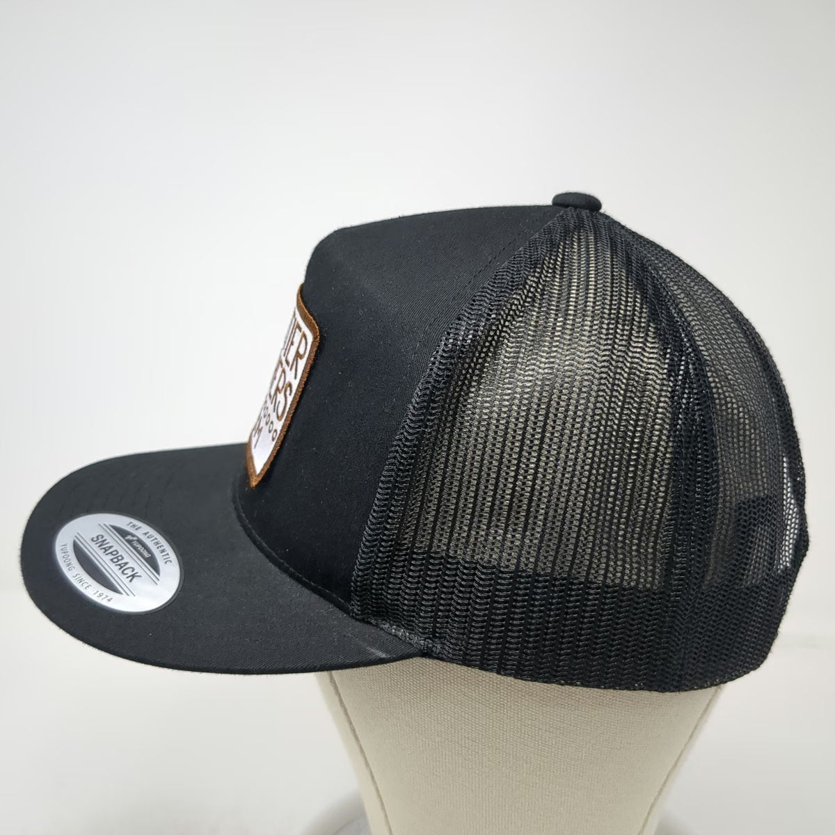 Sport-Tek Trucker Hat Black One Size Frontier Feathers Farm Patch Mesh Snapback