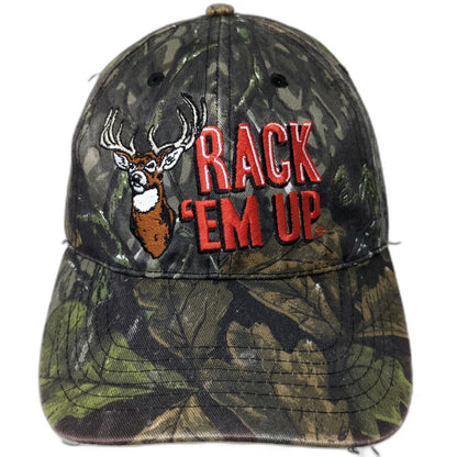 Green Camouflage Baseball Cap OSFM Rack Em Up Buck Deer Hunting Strapback Hat