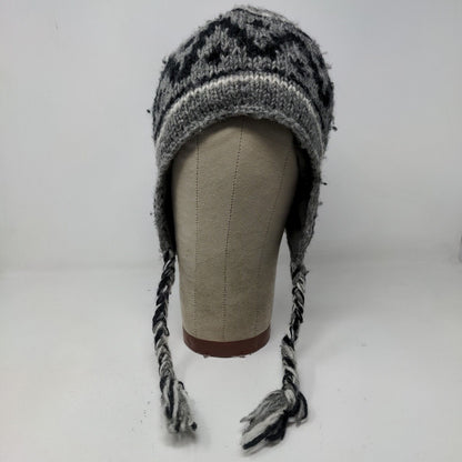 ARK Men's Knit Beanie Trapper Hat Gray Fair Isle 100% Wool Fleece Lined Nepal