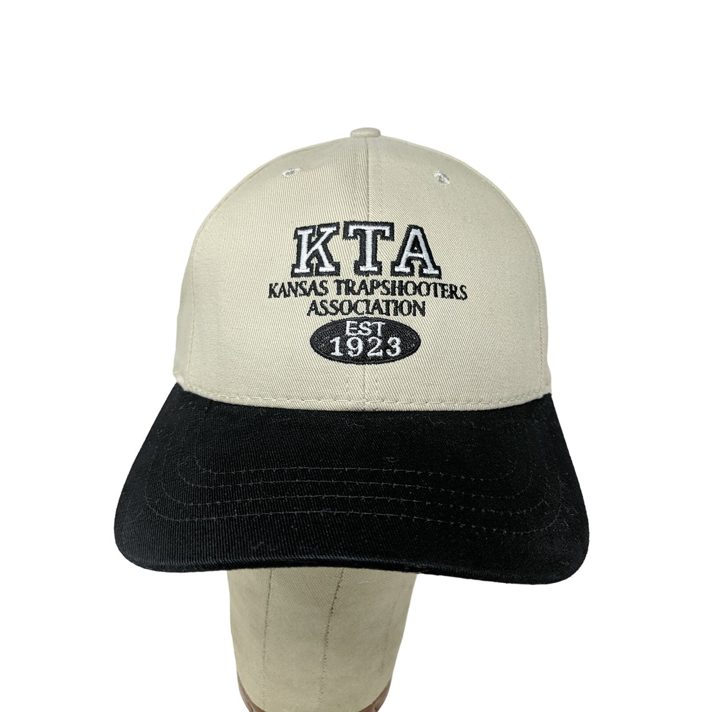 Mens KTA Kansas Trapshooters Association Hat Slideback OSFA Tan & Black Made USA