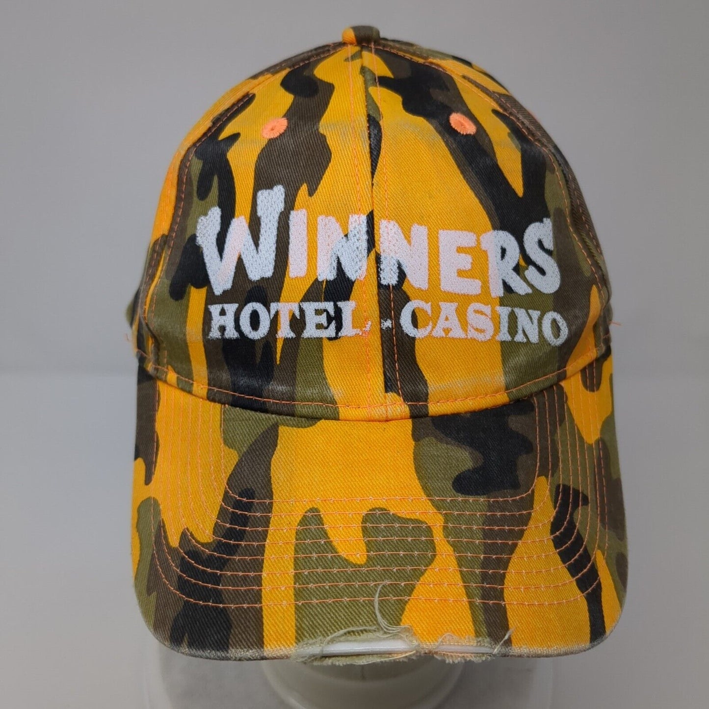 Winners Hotel Casino Strapback Hat Camouflage OSFA Adjustable Distressed 6 Panel