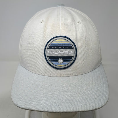 TravisMathew Snapback Hat White One Size Flexfit 110 Gray Brim Logo Patch