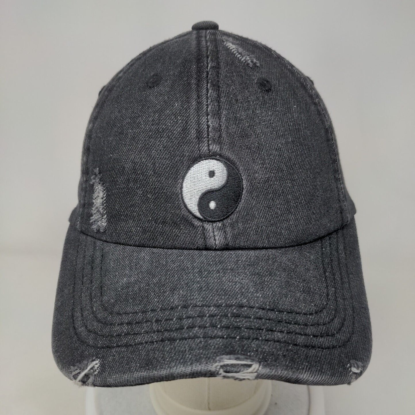 Yin Yang Ladies Slideback Hat Black One Size Adjustable Embroidered Distressed