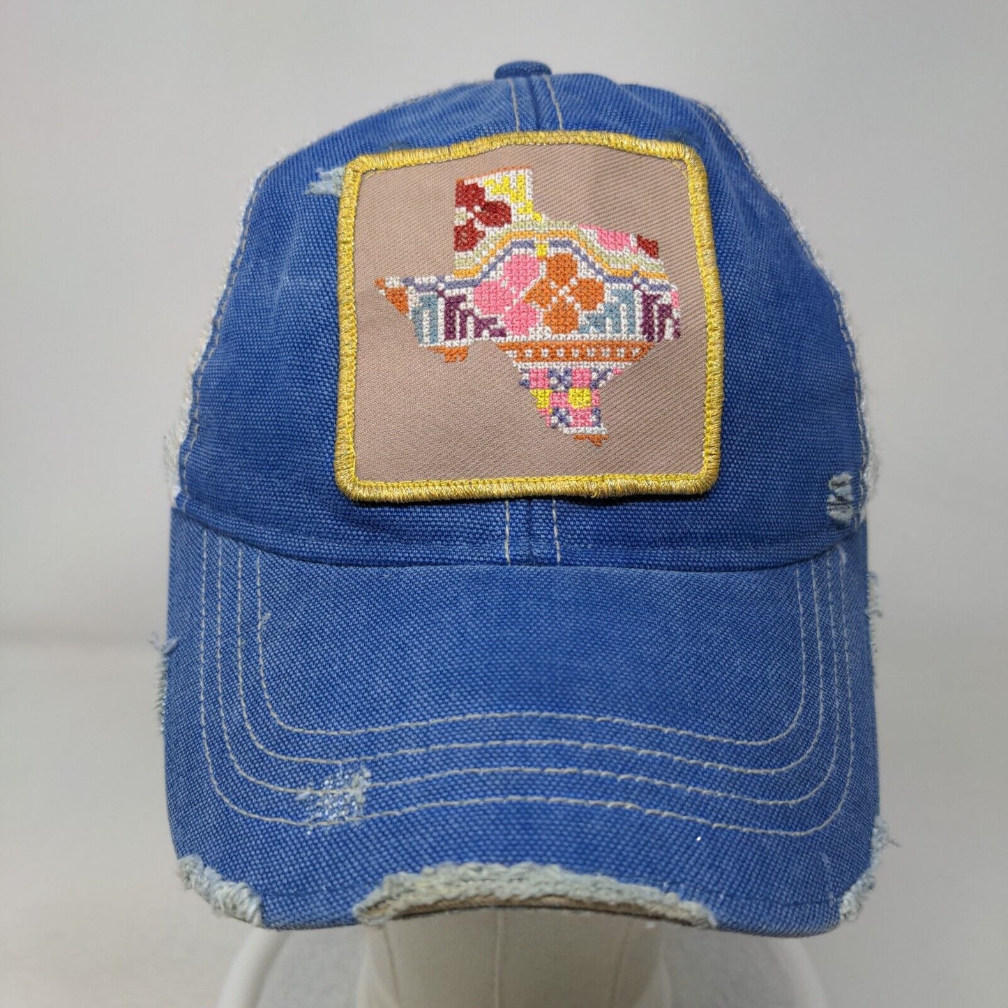 Judith March Patchwork Texas Trucker Hat Blue One Size Distressed Mesh Back