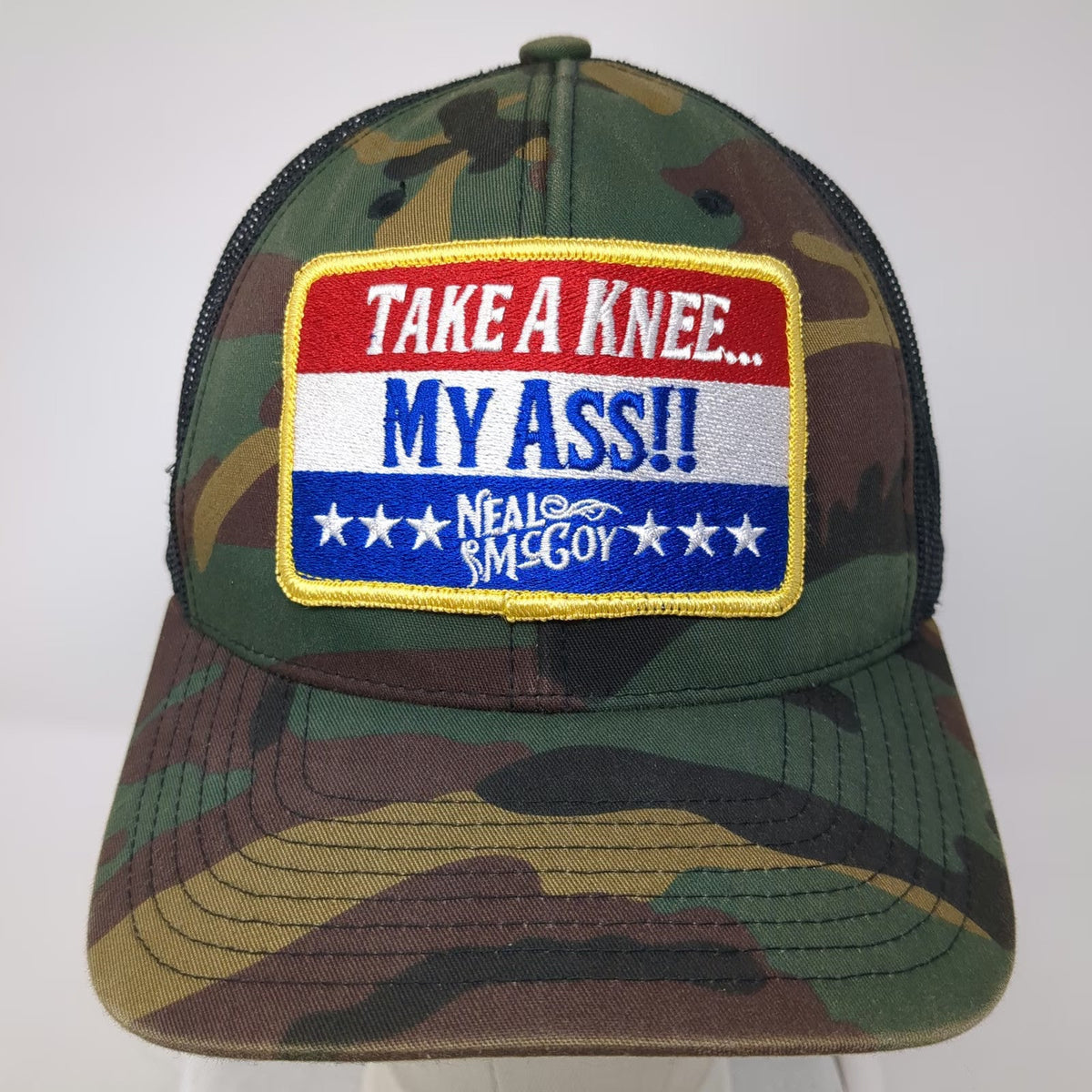 Yupoong Trucker Hat Green One Size Camo Neal McCoy Take A Knee My Ass Mesh Cap