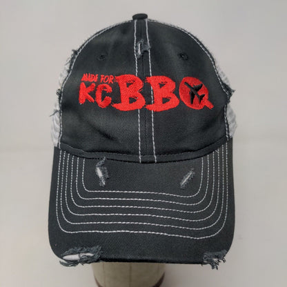 KC BBQ Barbeque Men's Slideback Mesh Back Hat Black White Embroidered Distressed