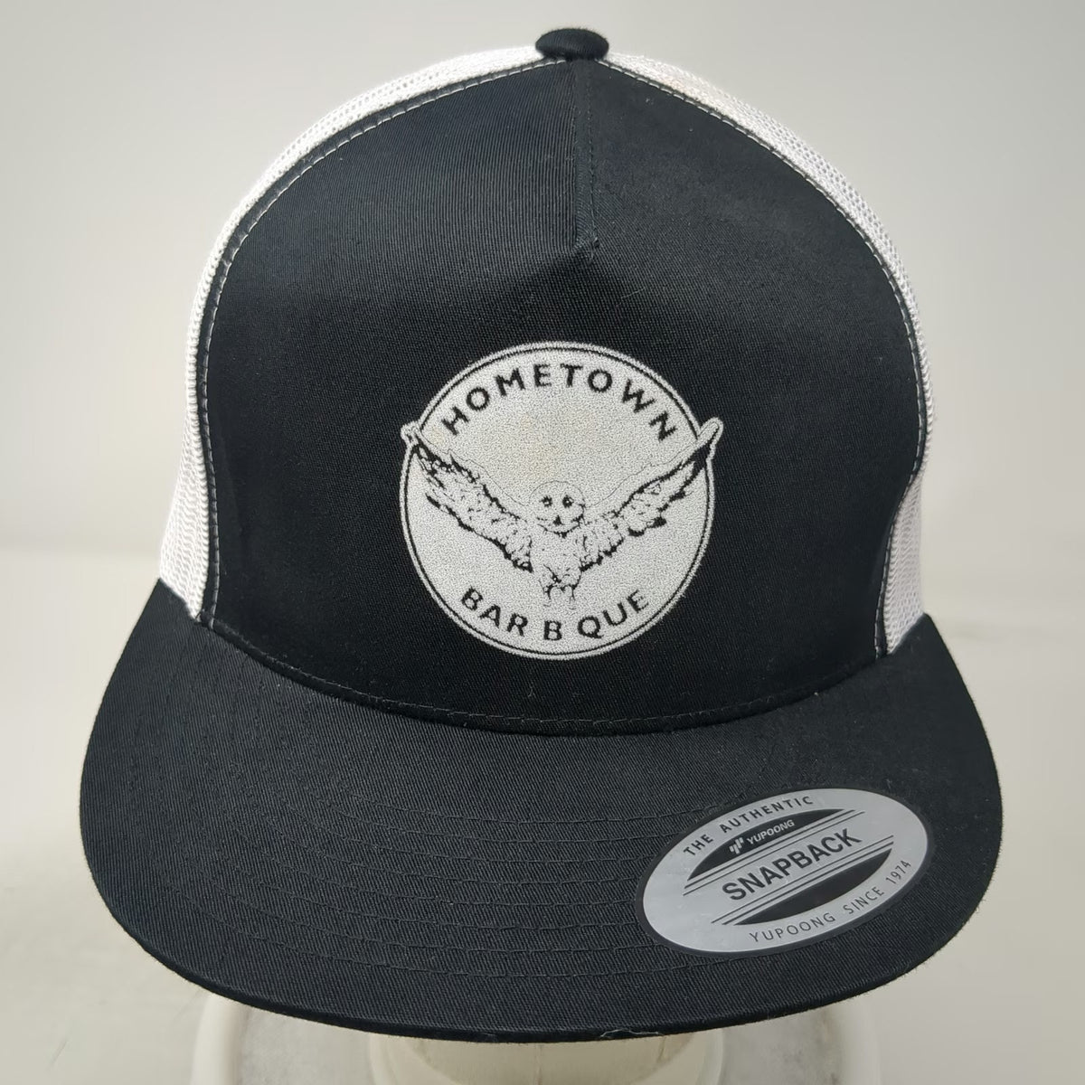 Yupoong Trucker Hat Black One Size Hometown Bar B Que Owl Graphic Mesh Snapback
