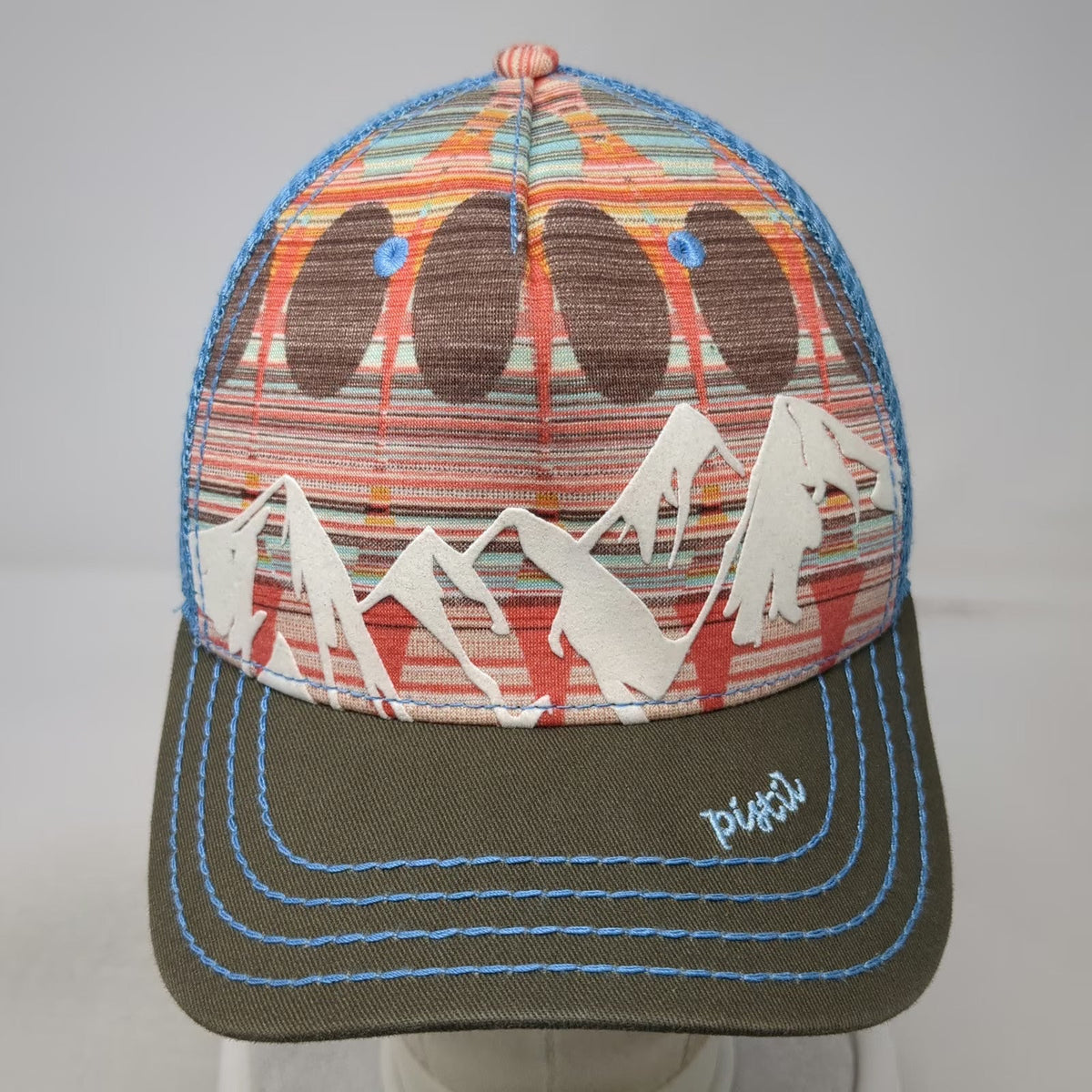 Pistil Trucker Hat Blue One Size Graphic Mountain Mesh Back Snapback Stripes