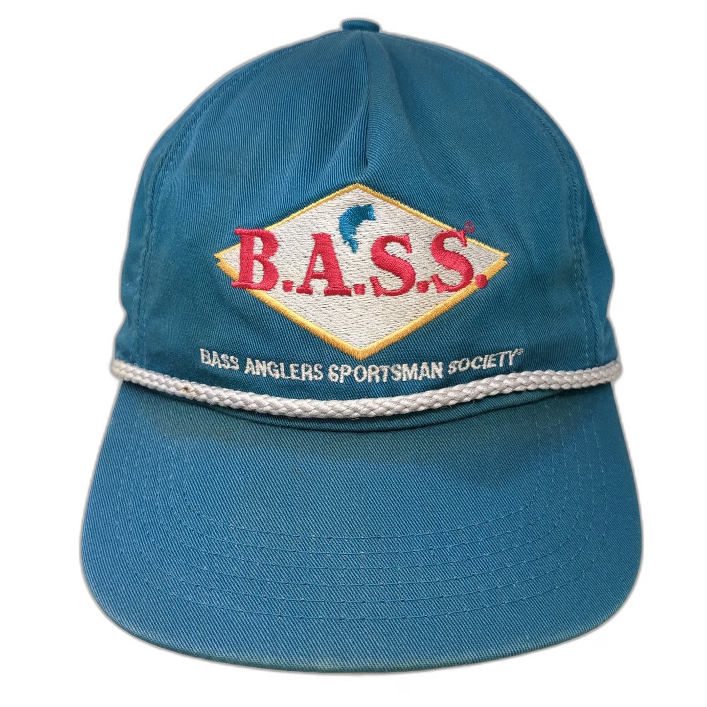 Bass Anglers Sportsman Society B.A.S.S. Trucker Blue Hat OS Rope USA Vintage